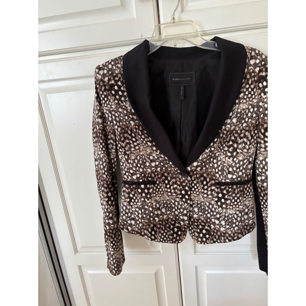 BCBGMAXAZRIA Womens Brown Dotted Animal Print Shawl Collar Blazer Jacket Sizeโ M